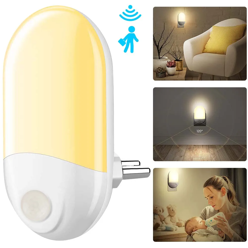 

PIR Motion Sensor LED Night Light EU Plug in Dusk to Dawn Sensor Wall Lamp Stairs Smart Night Lights Warm White for Kids Bedroom