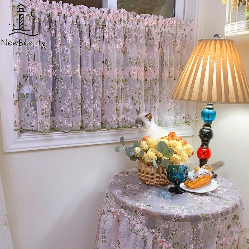 

Romantic French Lace Semi-short Curtain Cabinet Partition Without Punching Embroidery Blackout Tulle Window Screen Fabric Custom