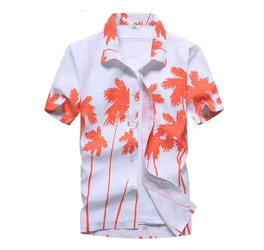 Summer Breathable Hawaiian Shirts Men Coconut Tree Printed Short Sleeve Button Down Vacation Plus Size