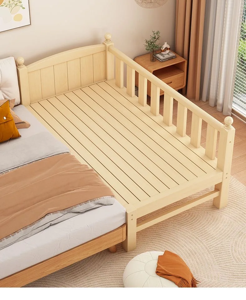 Adjustable Height Children's Splicing Bed Wider Solid Wood Frame with Guardrail Baby Single Bed Kids' Crib Safety And Comfort 1