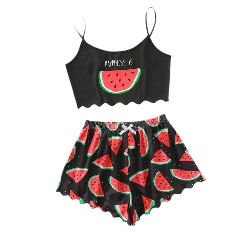Women's Pajamas Set Sleepwear 2 PCS Short Tank Tops And Shorts S M L Black Ventilate Soft Casual Watermelon Printing