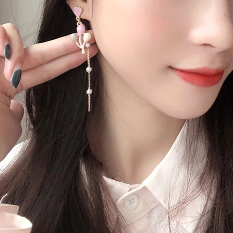 Koreanischen Stil Blume Niedlichen Tier Baumeln Ohrringe Für Frauen Mond Sterne Kätzchen Kaninchen Ballon Asymmetrische Ohrring Partei Schmuck Geschenk – Detail 9