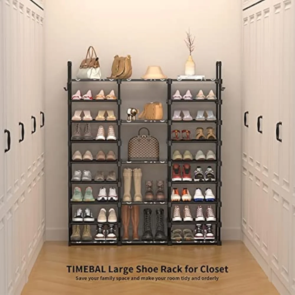 TIMEBAL 9 Tier Shoe Rack Organizer, 32-40 Pairs Shoe Storage Shelf, Shoe Stand with 2 Hooks, Shoe Rack for Closet, Stackable Sho