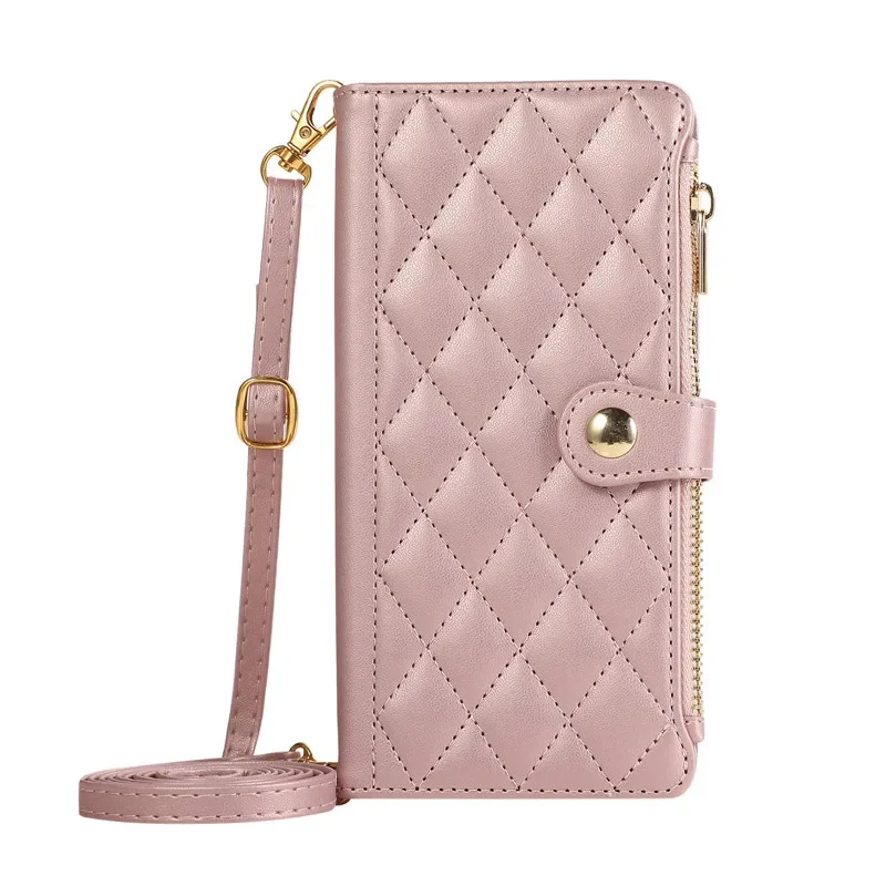Rhombus Grid Flip Wallet Phone Case with Long Hanging Rope