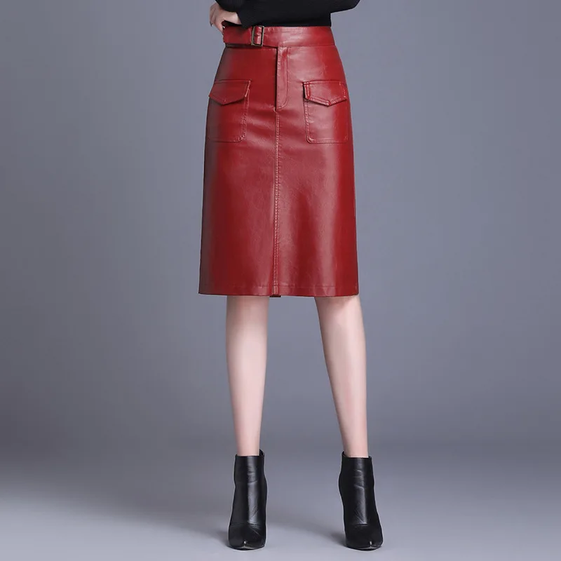 

2024 Women's Autumn High Waist PU Leather Slimming Mid-Length Leather Skirt Sheath Split Skirt