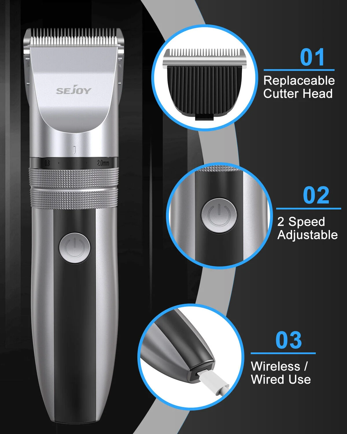 SEJOY Professional Trimmer Hair Clippers Cutting Beard Cordless Shaving Machine 3