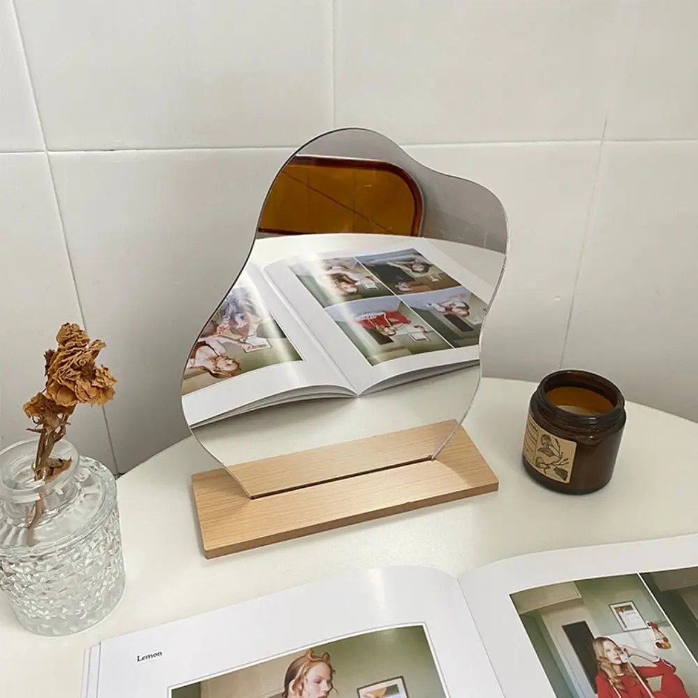 Irregular Vanity Mirror With Wooden Stand Cloud Shape Frameless Decorative Mirror Acrylic Makeup Mirror for Living Room Bedroom