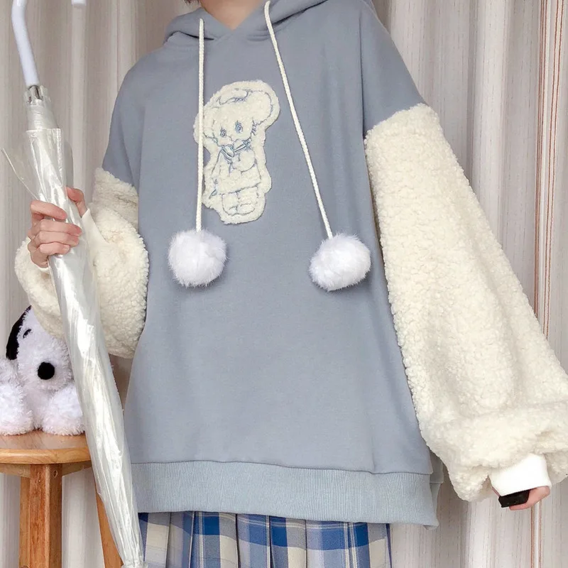 

Spring Kawaii Lolita Women Hooded Sweatshirt Solid Lamb Embroidery Patchwork Fleece Long Sleeve Hoodies Pullover Velvet Moletom