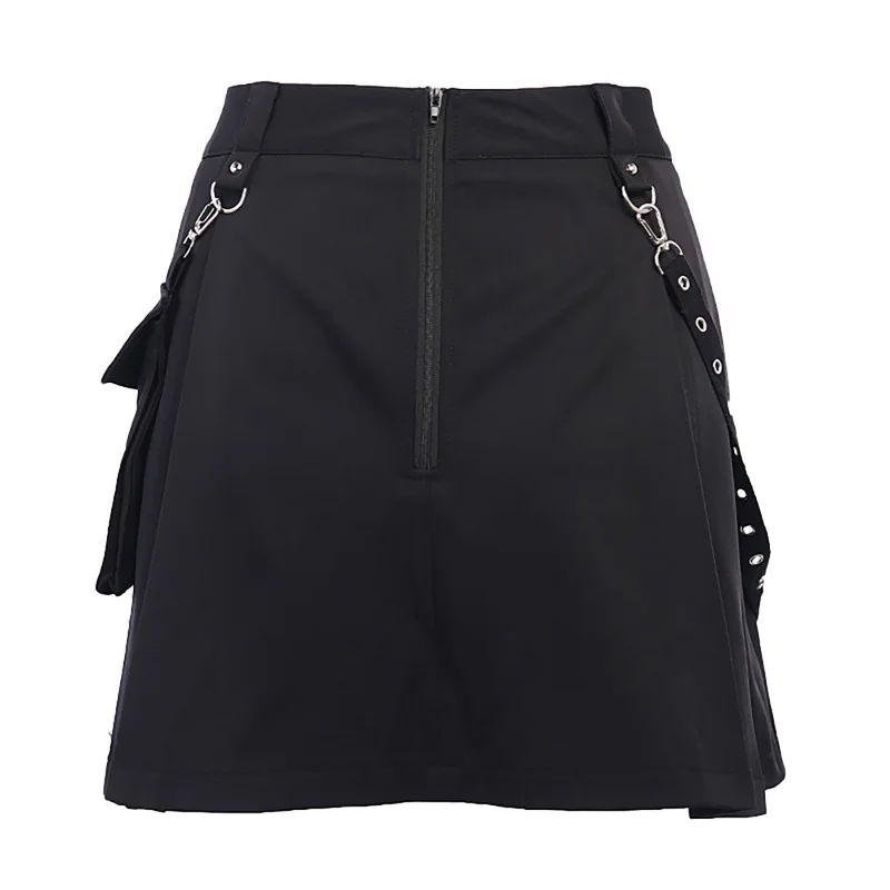 Girls Punk Gothic Stree Style High Waist Belt Irregular Pleated A-line Women Skirt Tooling Waist Chain Zipper Pockets Mini Skirt