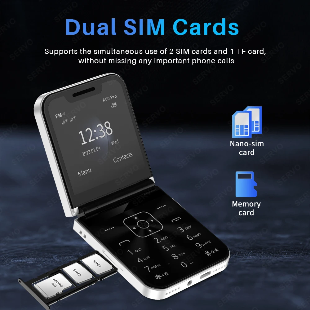 SERVO A50 PRO Flip Mobile Phone 2G GSM 2.4" Display Auto Call Recorder Speed Dial 2 SIMs Foldable Telephones Official Authentic 2