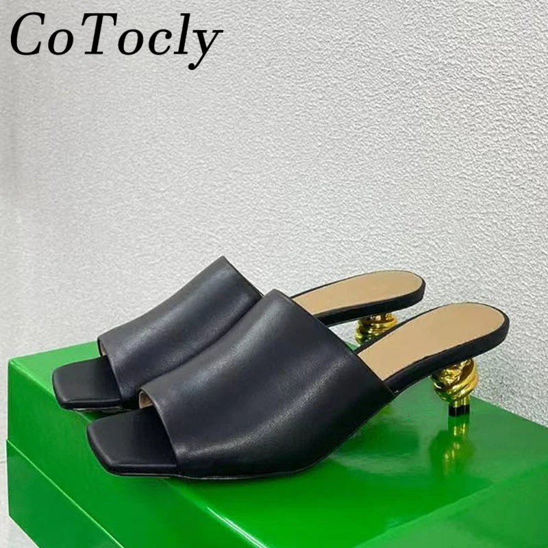 

2024 New High Heels Slippers Women Designer Peep Toe Metal Heels Slides Genuine Leather Braided Summer Runway Sandals Woman