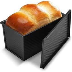 Non-Stick Carbon Steel Pullman Loaf Pan with Lid - Rectangle Corrugated Toast Box and Cake Mold (Black)