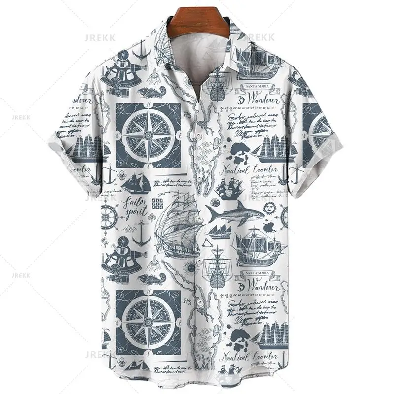 thumbnail image 1 of Camisa hawaiana retro unisex para hombre, camisa de talla grande, camisa retro con estampado 3D de velero y brújula marina, camisetas holgadas de manga corta para hombre, 1 of 5