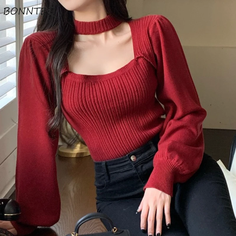 

Square Collar Pullovers Women Solid All-match Kroean Fashion Chic Simple Popular Sexy Ladies Sweaters Casual Slim Fit Autumn