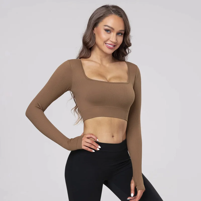 

Sexy Long Sleeve Crop Tops High Elastic Fitness Exposed Navel Sports Wear Solid Women Square Neck Gym Yoga Workout T-shirts Top