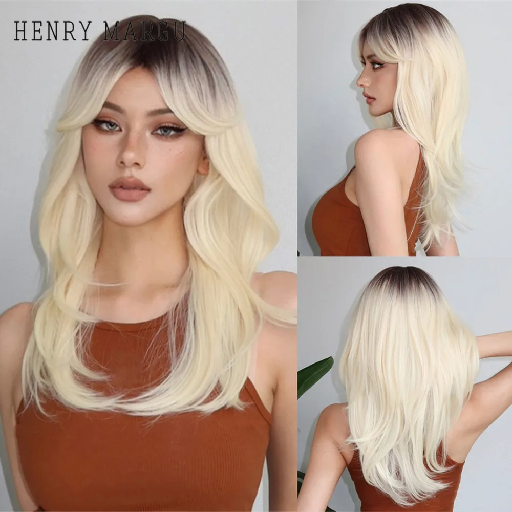 HENRY MARGU Ombre Platinum Blonde Layered Synthetic Wigs for Women Long Natural Straight Wigs with Bangs Cosplay Heat Resistant