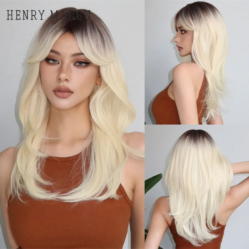 

HENRY MARGU Ombre Platinum Blonde Layered Synthetic Wigs for Women Long Natural Straight Wigs with Bangs Cosplay Heat Resistant