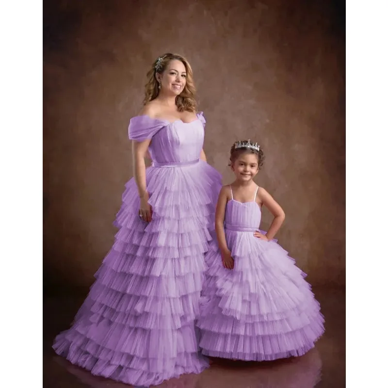 

Pink Fluffy Mother and Me Tulle Dresses Girls Puffy Tiered Ruffles Dress for Photo Shoot Mom and Daughter Tulle Evening Gown