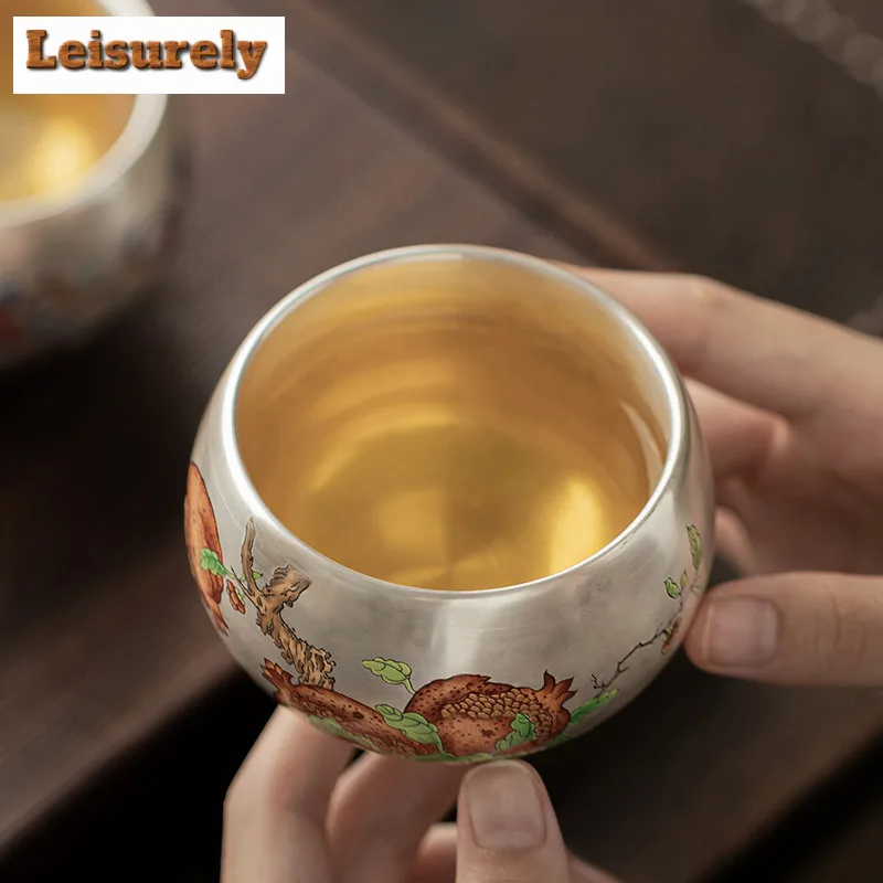 Gilt Silver Longevity Peach Pomegranate Teacup Luxury Tea Bowl Mug Tea-tasting Meditation Cup Chazhan Master Cups Teaware Set