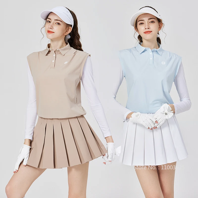 Women Golf Clothing Polo Top Ice Silk Long-sleeved Sunscreen T-Shirt Fake Two-piece Loose Shirt Tennis Pleated Skirt Ladies Golf Skorts