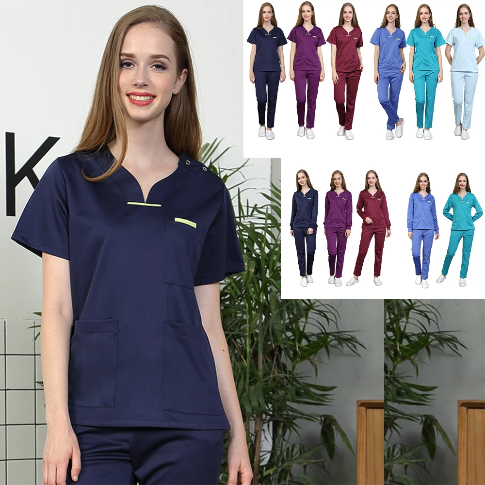 

Women Medical Scrub Set Nurse Uniform Workwear Long Sleeve Nursing Surgical Suit Navy Drawstring Medic Scrubs Clothing 303-100