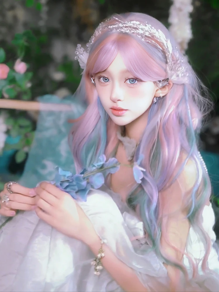 

Cos Colorful Wig Rainbow Gradient Pink Blue Lolita Paris Painting Dyed Female Full-Head Bangs Highlight