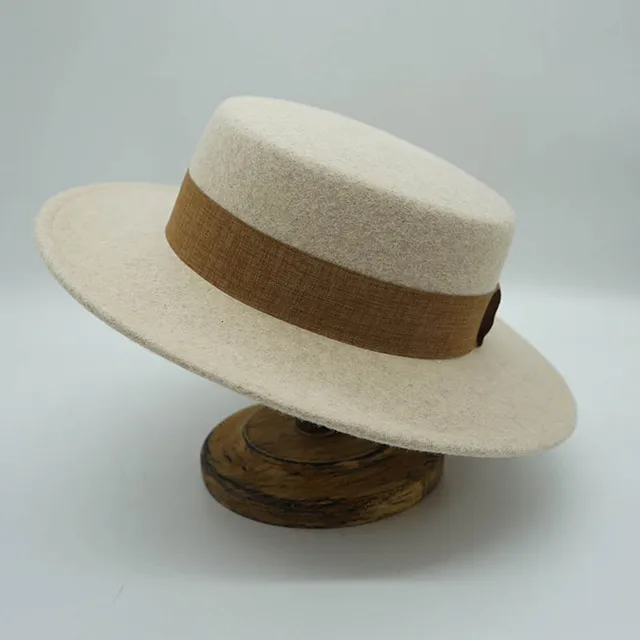 Beige Boater Hats for Women Winter Hat Wool Fedora Hat with ribbon band Warm Dance Party Stage performance Hat Ladies church hat 1