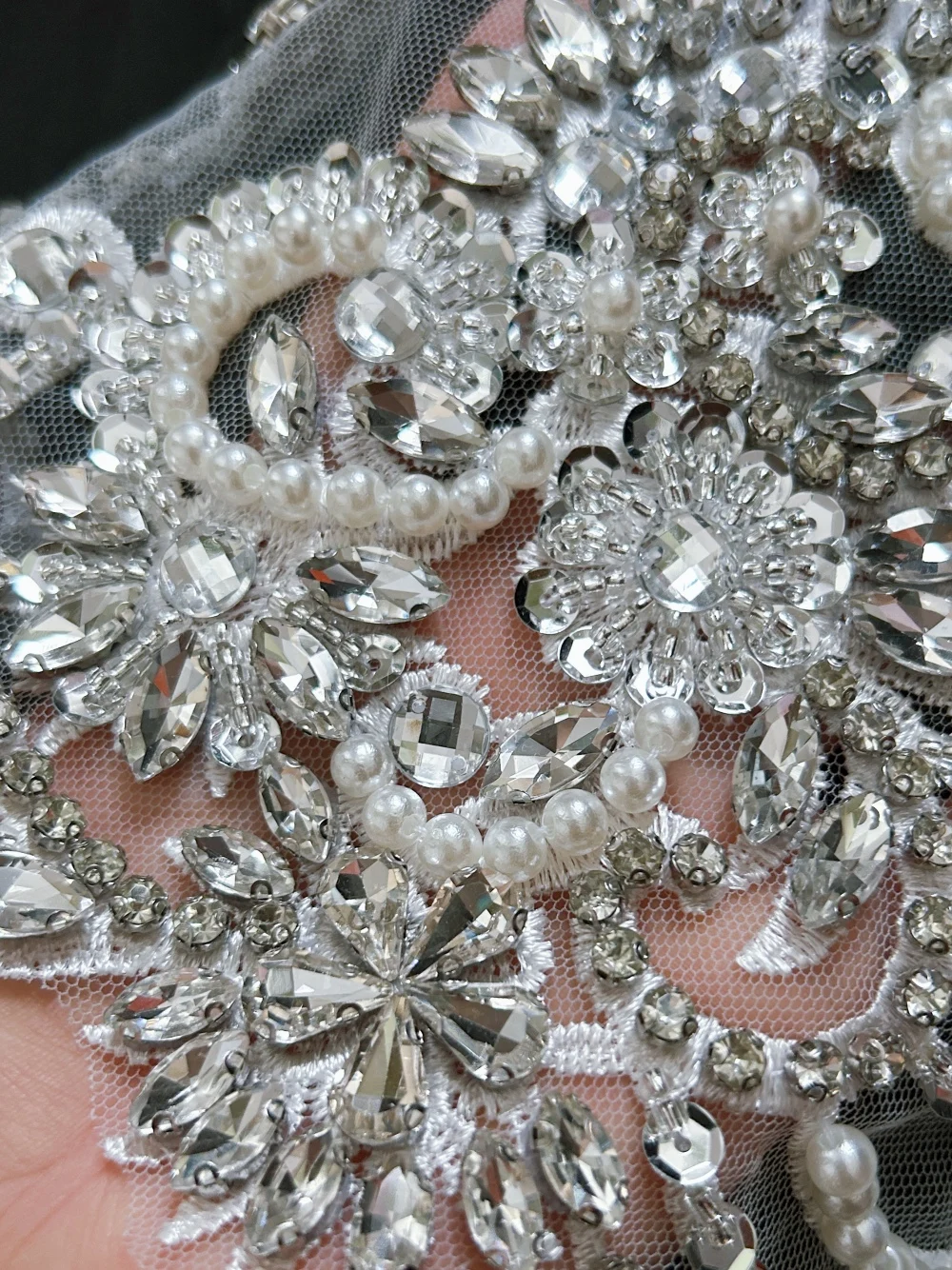 3D Lace Appliques White AB Color Hand Beaded Glass