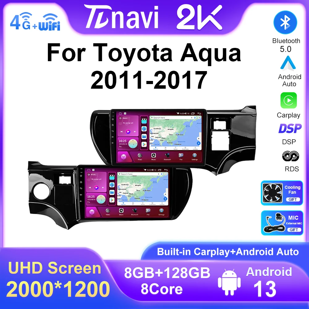 

Автомобильный радиоприемник на Android 13 с экраном 2K для Toyota Aqua Prius C 2011 - 2017 LHD RHD, автомобильный мультимедийный плеер, навигация GPS, 2Din Carplay