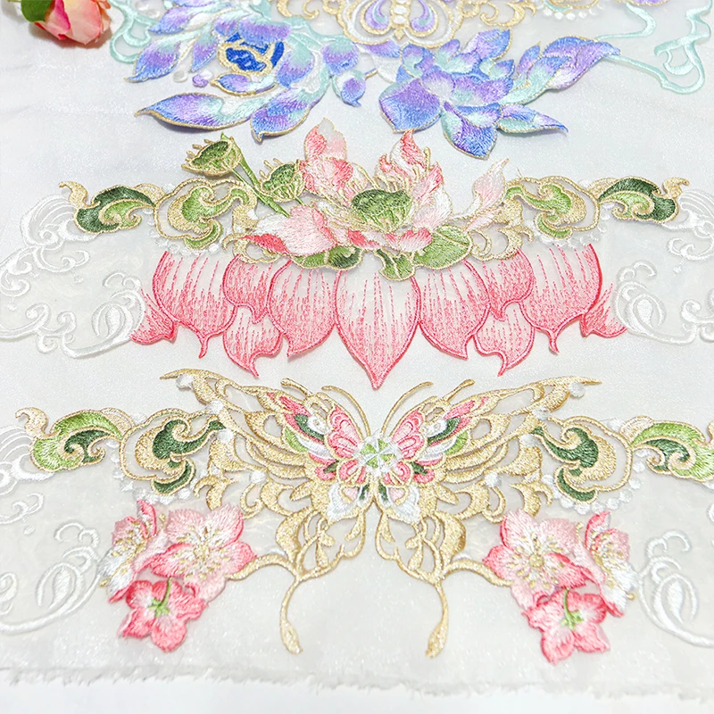 Chinese Style Embroidered Patches Butterfly Iris Cherry Blossoms Lotus Embroidery Patch for Hanfu 1pc