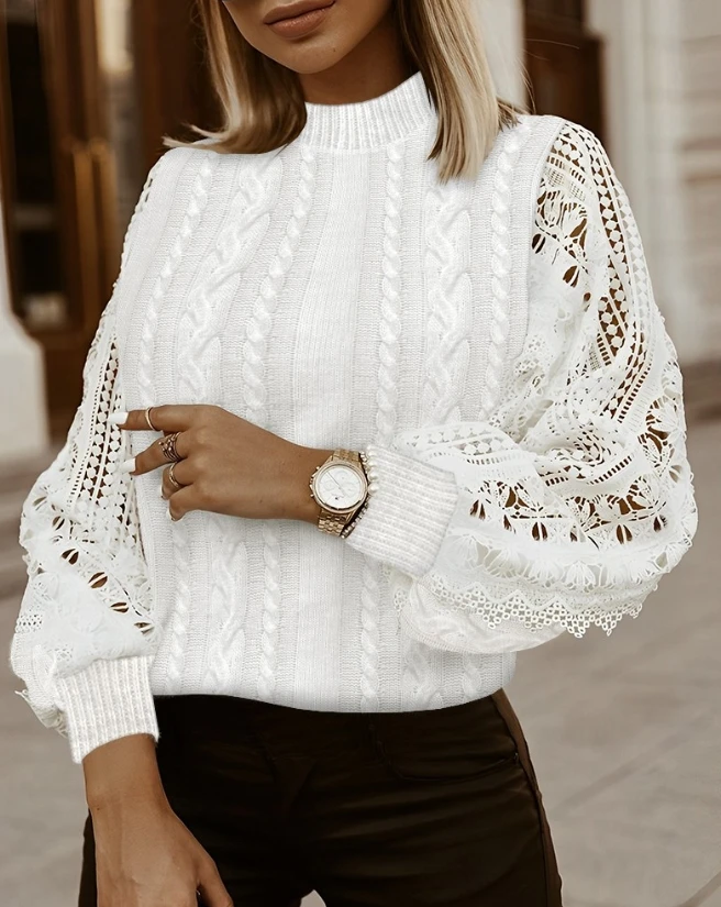 

Woman Elegant Crochet Lace Knit Sweater Temperament Commuting New Winter Women's Fashion Lantern Sleeve Casual Knitted Pullovers