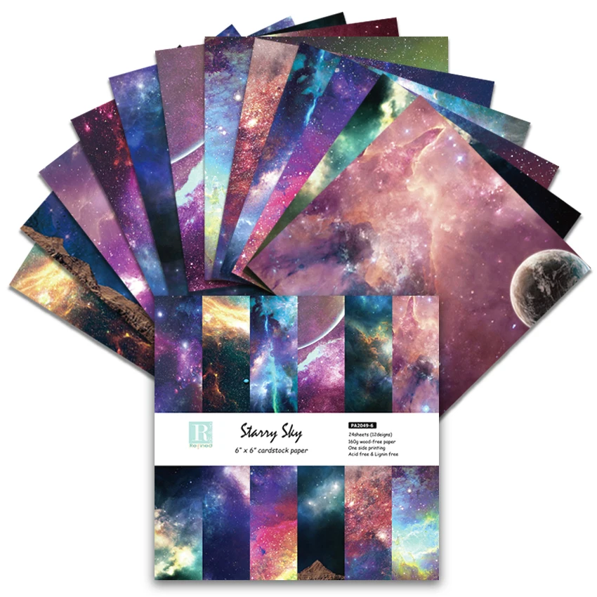 กระดาษสมุดภาพลายท้องฟ้าสีรุ้งและกาแล็กซี ขนาด 6x6 นิ้ว - 24 แผ่น กระดาษงานฝีมือสีสันสดใสพิมพ์ด้านเดียว