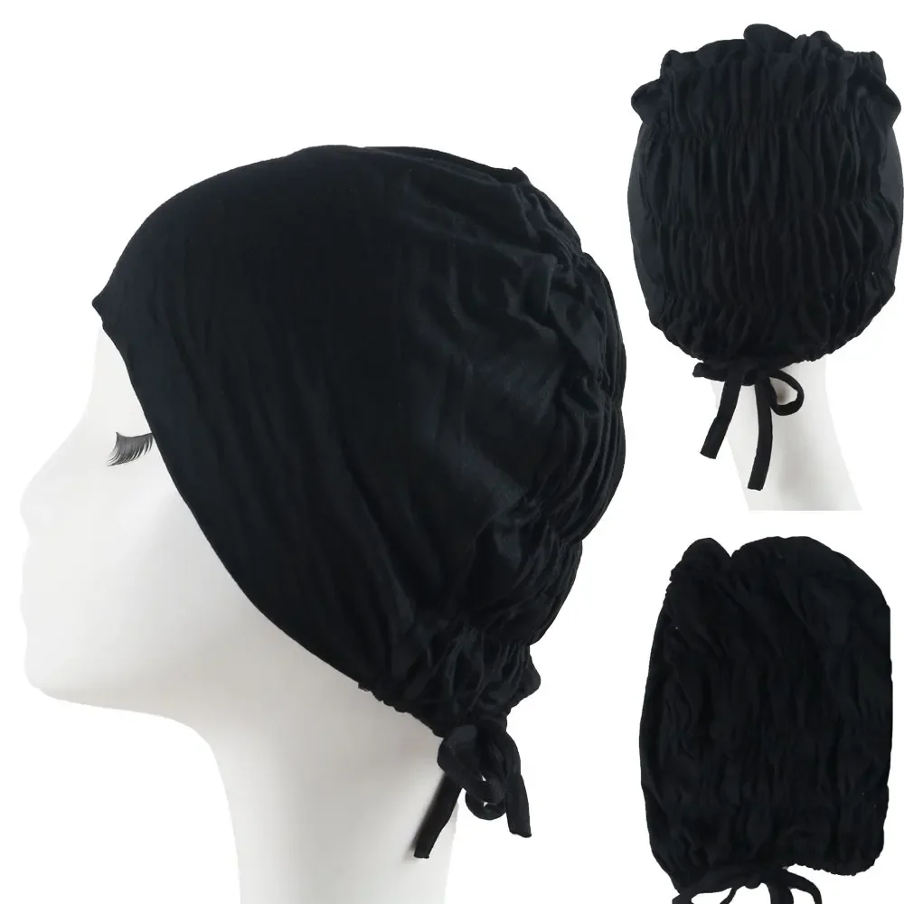 Turban Caps Tie Strap Lining Satin Silk Fashion Muslim Women Hijab Underscarf Caps Soft Cotton Head Wrap Islamic Arab Headscarf 3