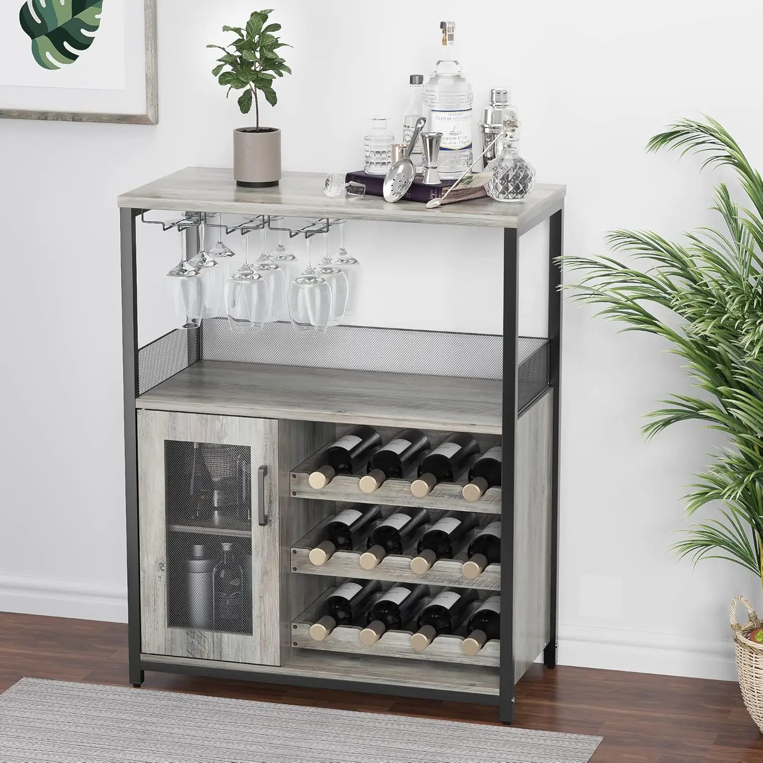 Wine Cabinet with Large Storage Space Detachable Rack Industrial Sideboard and Buffet Cabinet with Glass Holder and Mesh Door
