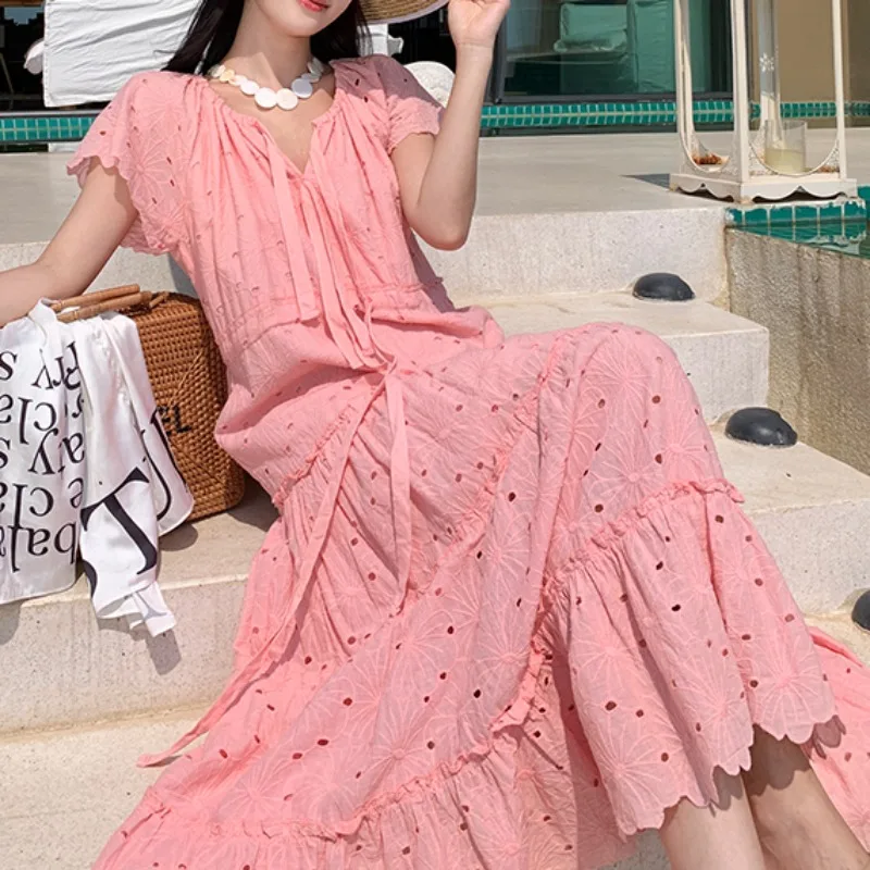 

Vintage Loose Pink Dress Bodycon Summer Holiday O-neck Hollow Out Women's Clothing Elegant Vacation Vestidos Lace-up