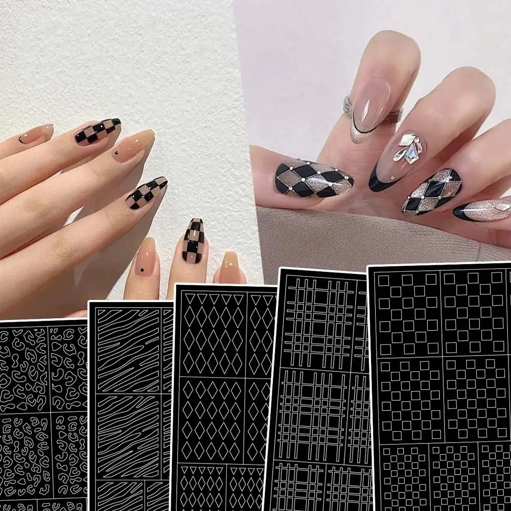 

1 Sheet Hollow Grid Pattern Nail Stickers Leopard Diamond Line Spray Painting Template Nail Decoration Small Pattern Tools