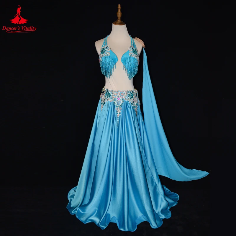 

Belly Danceer Competition Costumes Suit Senior AB Stones Tassel Bra+split Long Skirt 2pcs for Women Customsized Belly Dance Wear