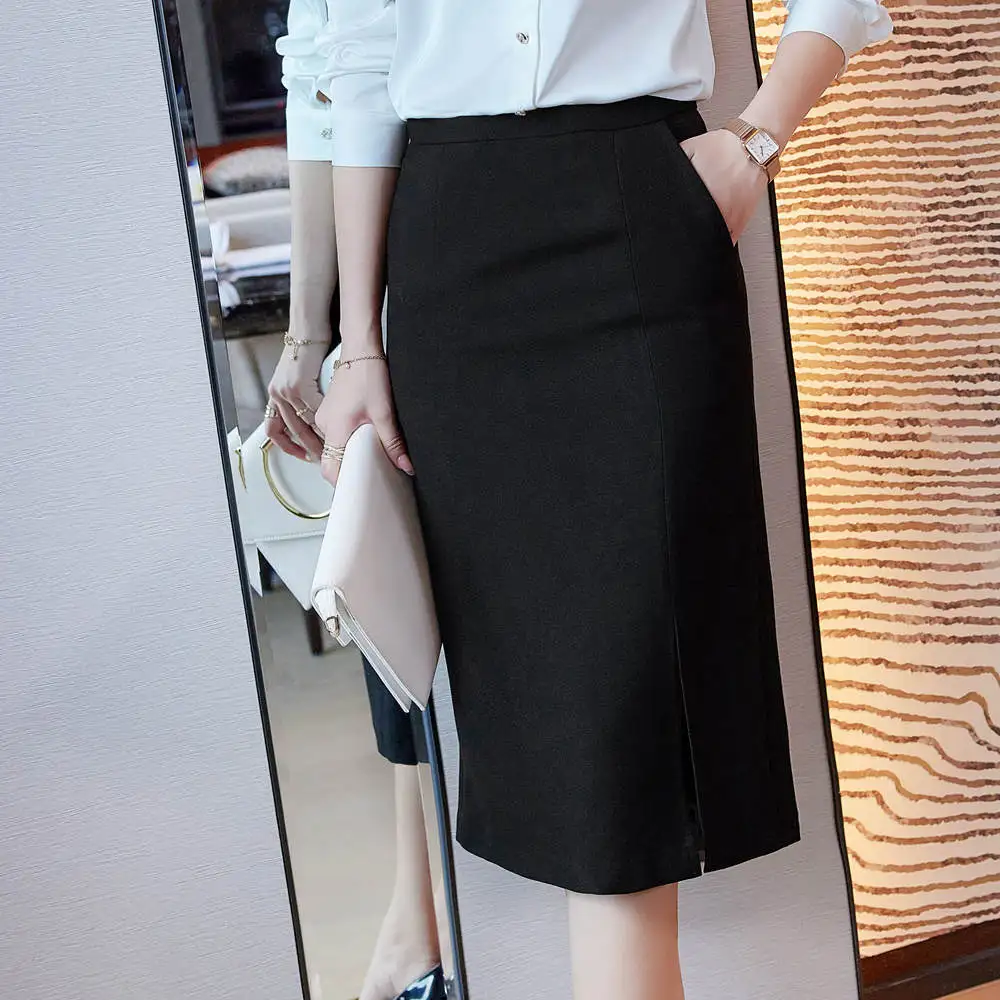 High Quality Spring Summer Korean Slim Knee Length High Waist Elegant Office Long Skirts Women Oversized Occupation Pencil Skirt spring short wedding petticoat 45cm length knee length layers puffy tulle evening tutu woman cosplay petticoat underskirt