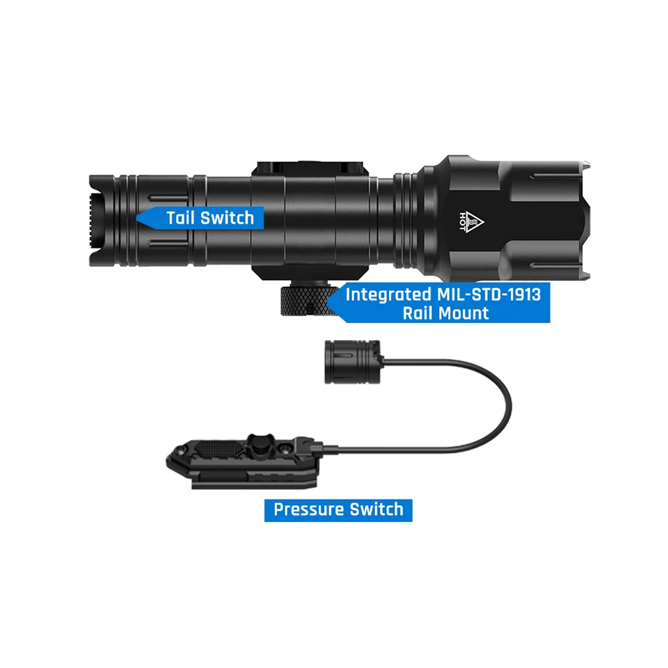 1200 Lumen Tactical Flashlight Matte Black Aluminum LED Weapon Light with Mlok System Remote Pressure Switch for Picatinny Rail