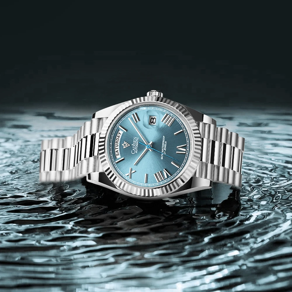 CADISEN Reloj de cristal de zafiro C8185 para hombre cronografo mecanico automatico con esfera azul hielo movimiento japones MIYOTA 8285