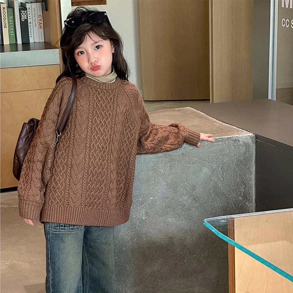 여아용 니트 스웨터, 2023 가을 신상, 어린이 패션, 느슨한 풀오버, 캐주얼 솔리드 탑, 여아 겨울 의류