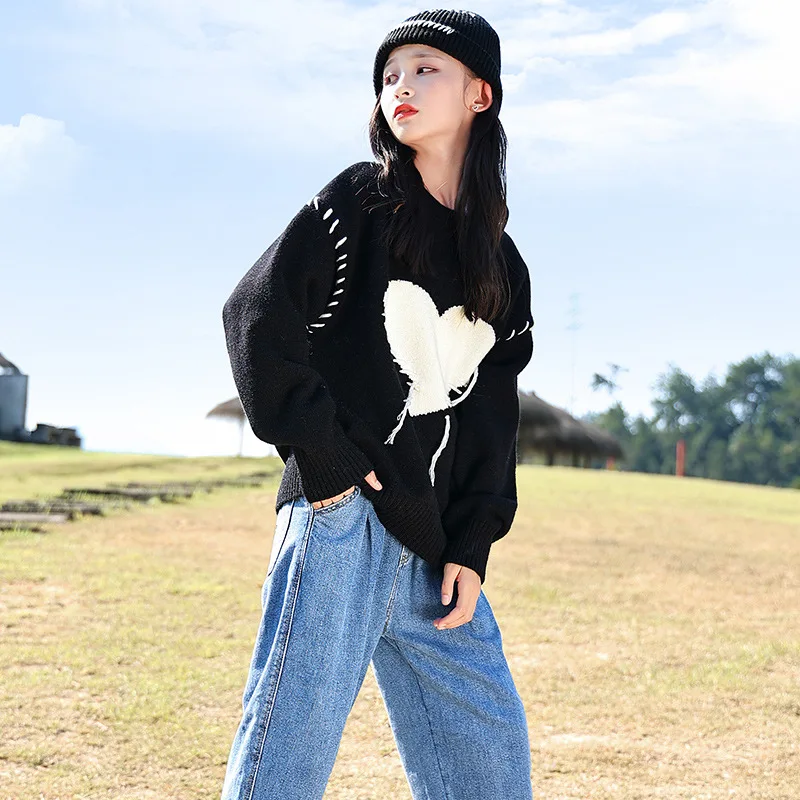 

Teen Girls Clothes Spring Autumn Fashion Pullovers Children's Clothing Love Design Casual Knitted Sweaters Crew Neck Tops 4-14 Y