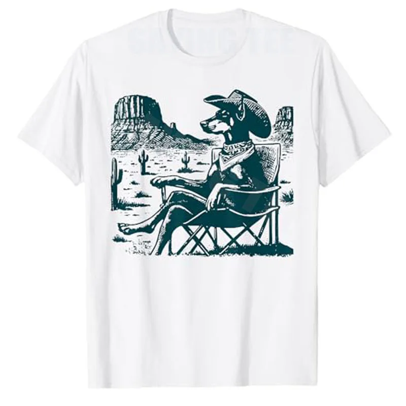 Vintage Dobermann UFO Western Cowboy Lustiges Hundememe T-Shirt Y2K Hundepapa Sommer Mode Urlaub Spruch T-Shirt Neuheit