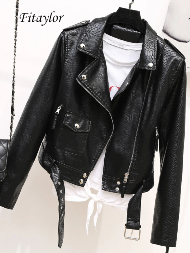

Fitaylor Autumn Faux Soft Leather Black Punk Jacket Coats Women Pu Faux Serpentine Moto Zipper Rivet Short Outwear With Belt