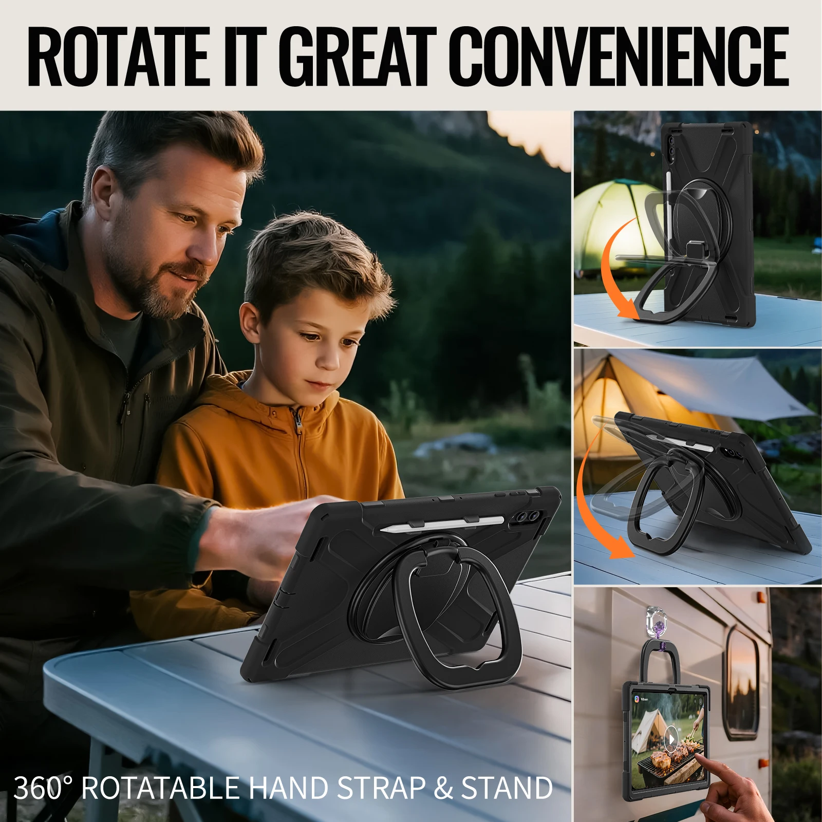 Premium Rotating Tablet Case with Handle Grip and Shoulder Strap - Enhanced Protection