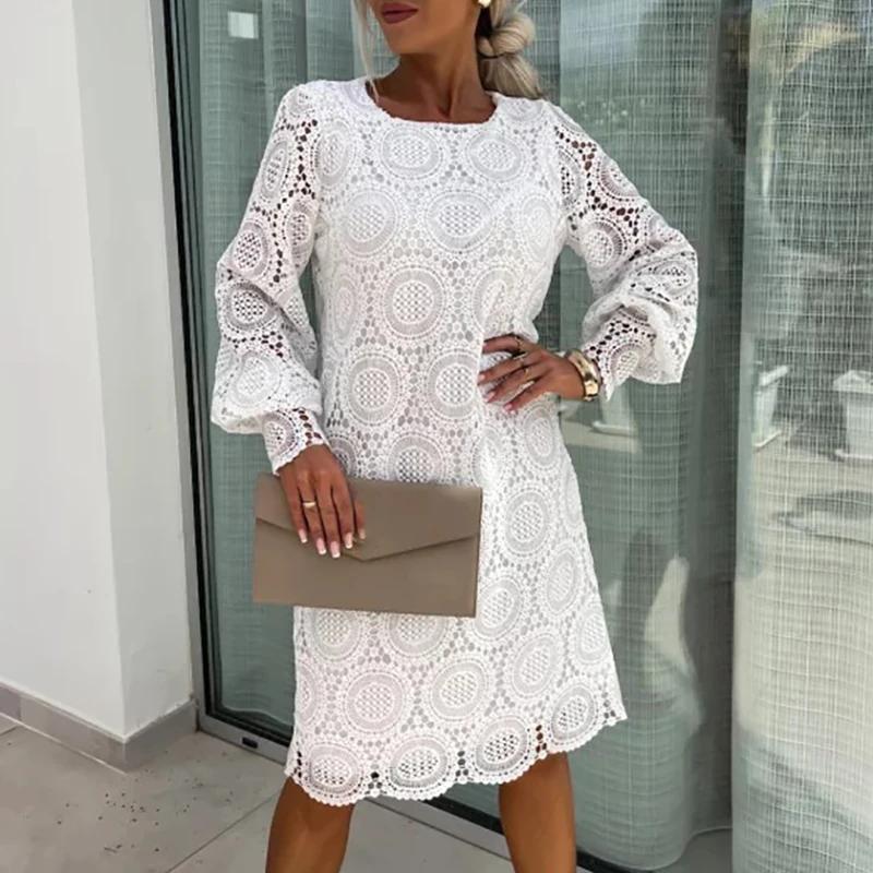 

Spring Summer Lace Crochet Hollow Out Dress Elegant Solid Color O Neck Party Dress Temperament Commute Long Sleeve A-Line Dress