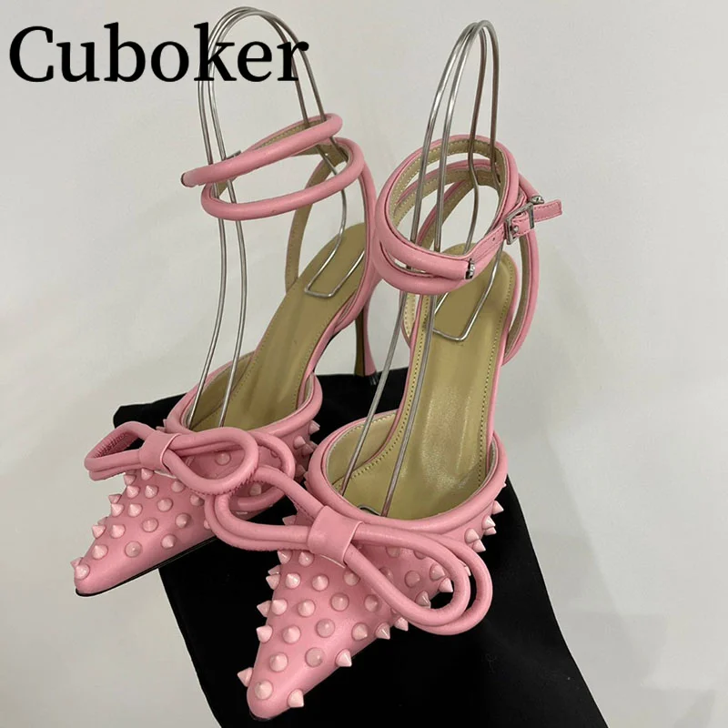 

Pink Leather High Heel Bridal Wedding Pointed toe Pumps Women Shoes Ankle Strap Bowtie Runway Shoes Sexy Stilettos Ladies Shoes