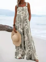 Floral Print Jumpsuit – Loose Fit, Wide‑Leg Overalls for Plus Size Women