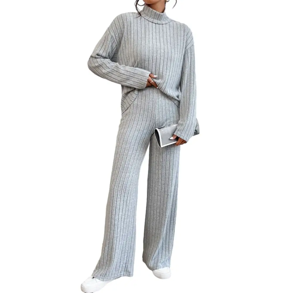 

Women's Matching Sets Casual High Collar Knitted Long-Sleeved Sweater Tops Loose Wide Leg Pants Two-Piece Suit