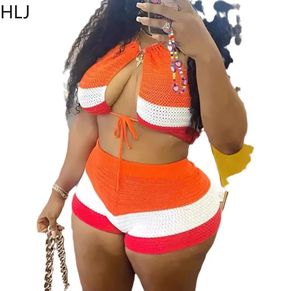 HLJ Orange Fashion Knitted Stripes Hollow Shorts Two Piece Sets Women Halter Lace Up Sleeveless Backless Crop Top+Shorts Outfits